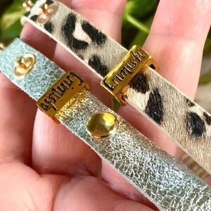 ERIMISH LEATHER BRACELETS ❤️ TWO SNAP CUFFS ANIMAL PRINT /SILVER METALLIC - NEW